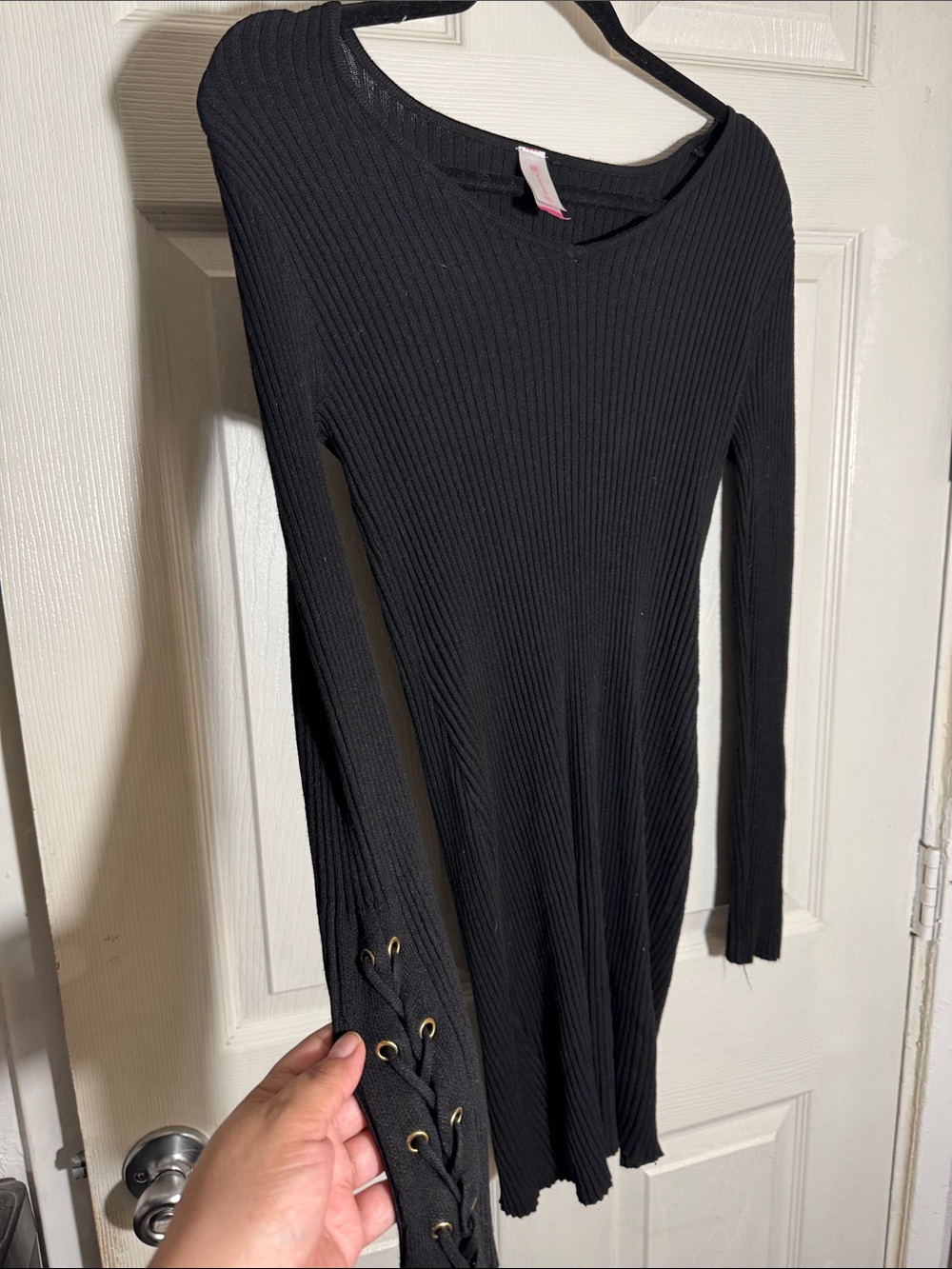 No Boundaries Black Ribbed Long-Sleeve Dress with Lace-Up Sleeves
